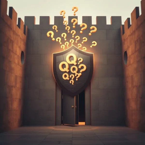 Editorial illustration: znak pitanja i izjava razdvojeni na vagi koja označava razliku u sycophancy mjerenju jezičnih modela