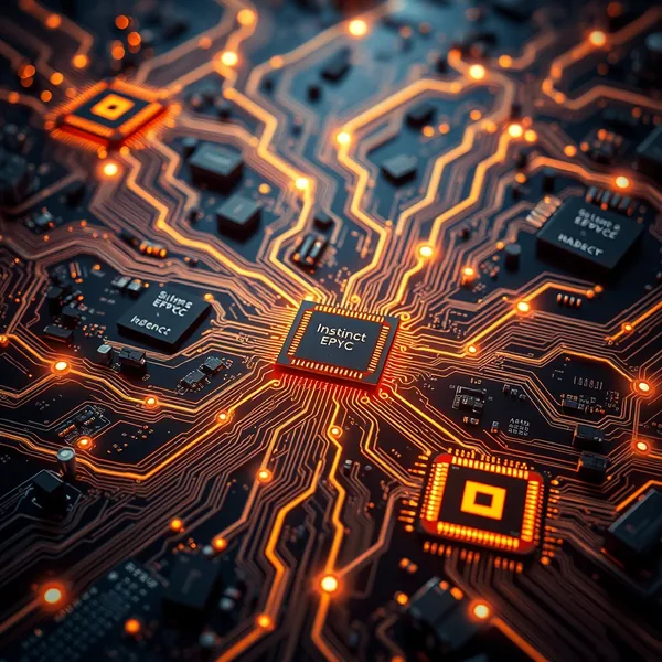 Redaktionelle Illustration: AMD ROCm Logo mit Docker-Containern und GPU-Chips im Hintergrund