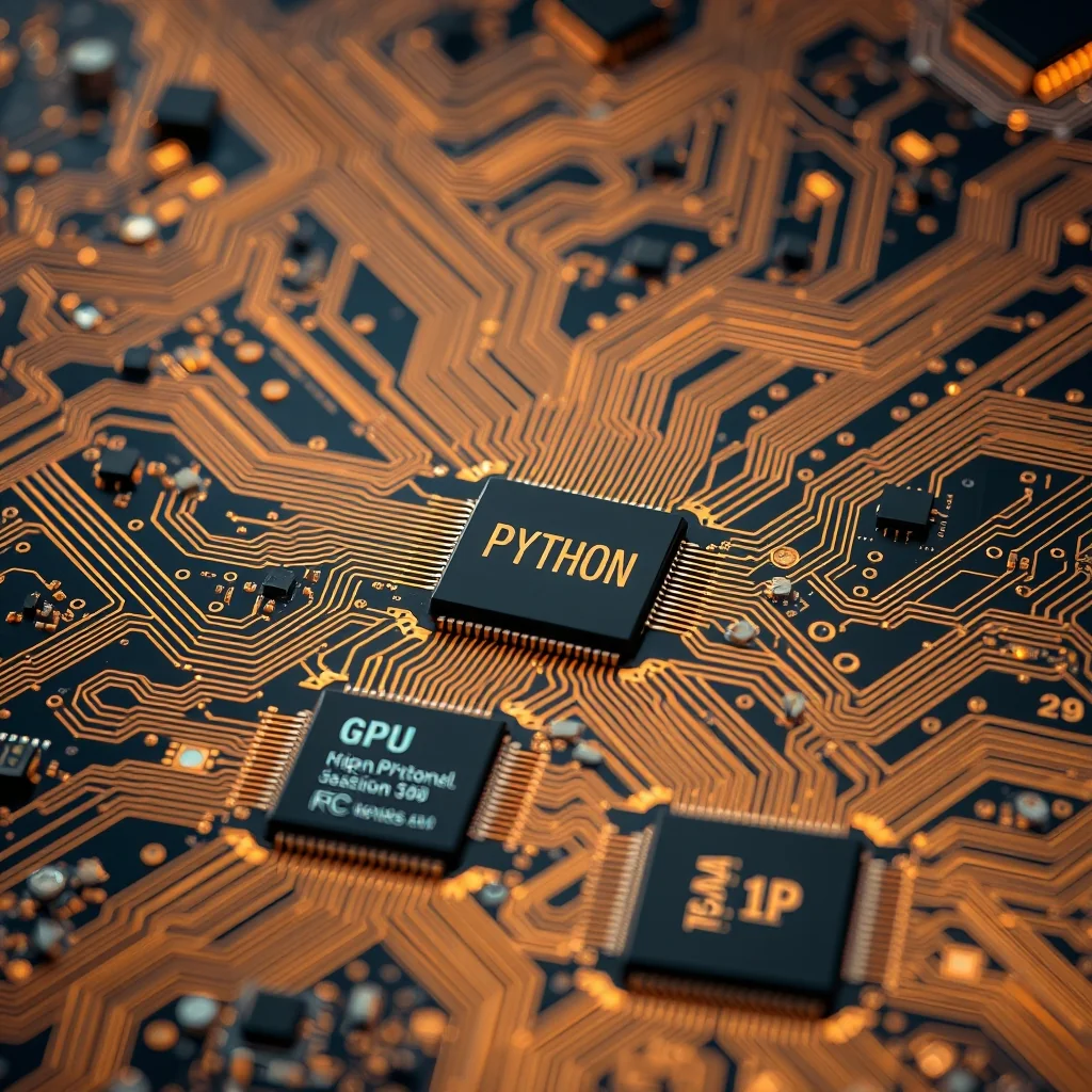 Editorial illustration: Python snake around a GPU chip with optimized flows emerging