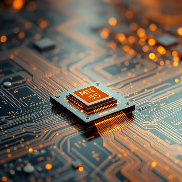 Editorial illustration: diagram of AMD MI355 GPU accelerator with the GEAK agent generating an optimized Triton kernel