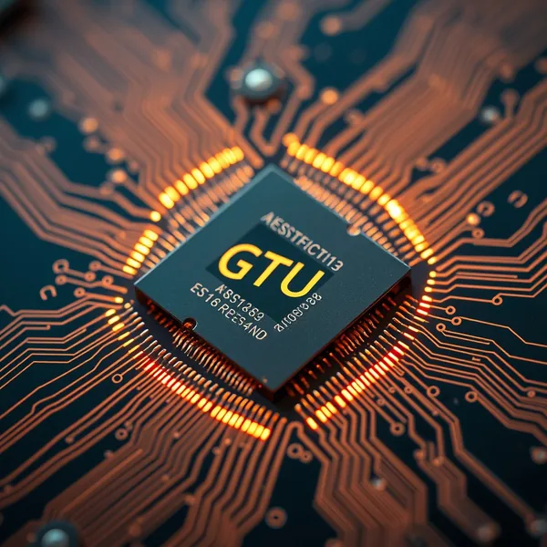 Editorial illustration: GPU accelerator with matrix unit layout and pipeline flows