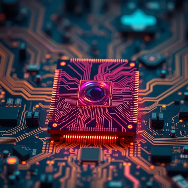 Editorial illustration: AMD GPU chip with a generated image emerging through diffusion layers