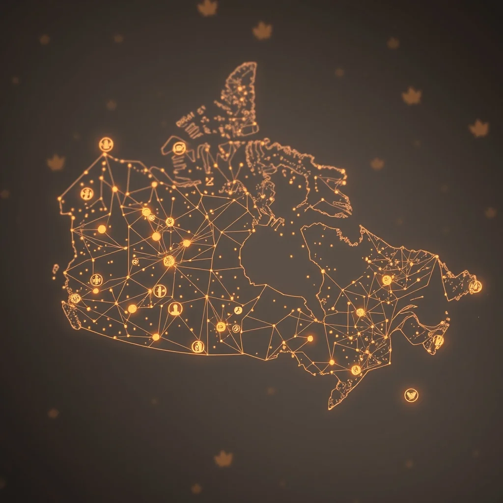 Editorial illustration: map of Canada with university center markers and an AI adoption growth chart
