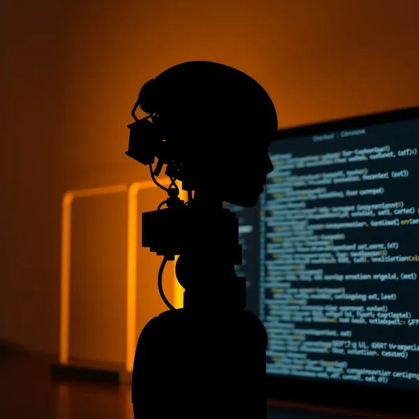 Redaktionelle Illustration: Entwickler-Tool-Bildschirm mit Code-Zeilen und Terminal-Prompt-Symbolen.
