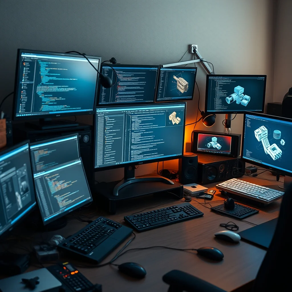 에디토리얼 일러스트: Claude 커넥터가 디자인부터 비디오·3D 제작까지 크리에이티브 도구 스택으로 분기하는 모습