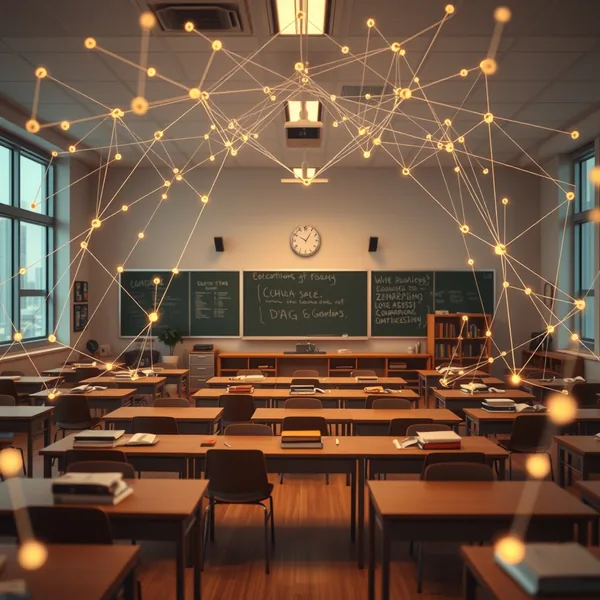 Editorial illustration: a teacher using an AI assistant on a tablet in a classroom in front of the board