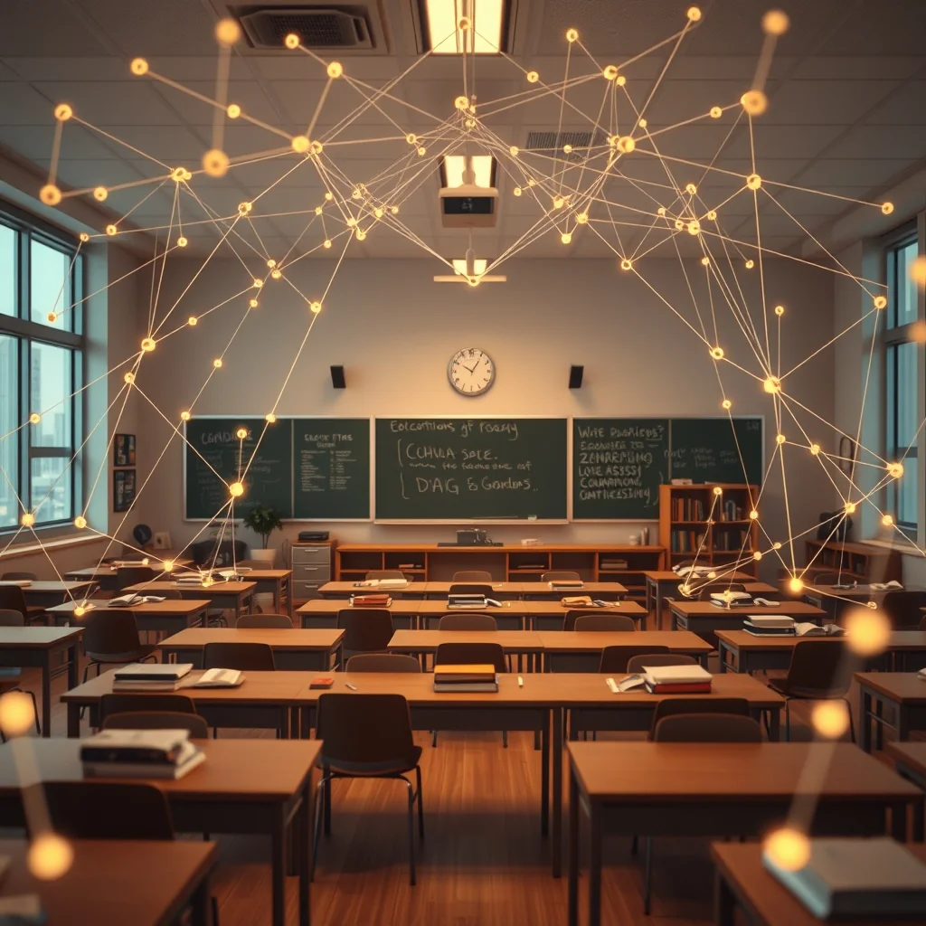 Editorial illustration: a teacher using an AI assistant on a tablet in a classroom in front of the board