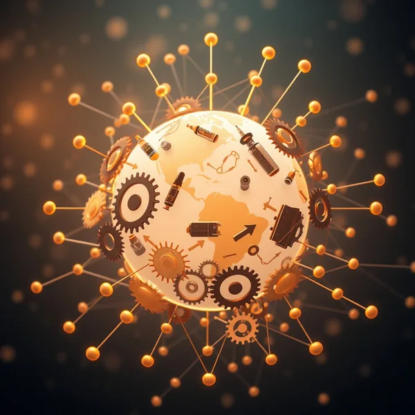 Editorial illustration: global map with health, education, and AI network icons.