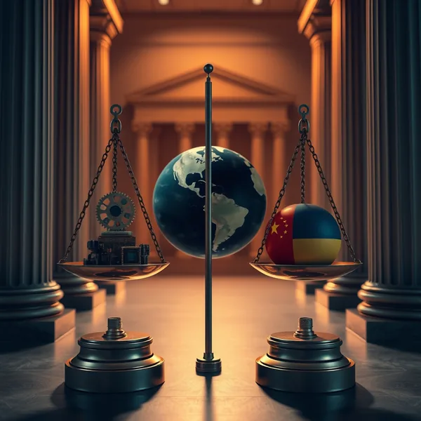 Editorial illustration: globe map with AI influence lines and export control layer.