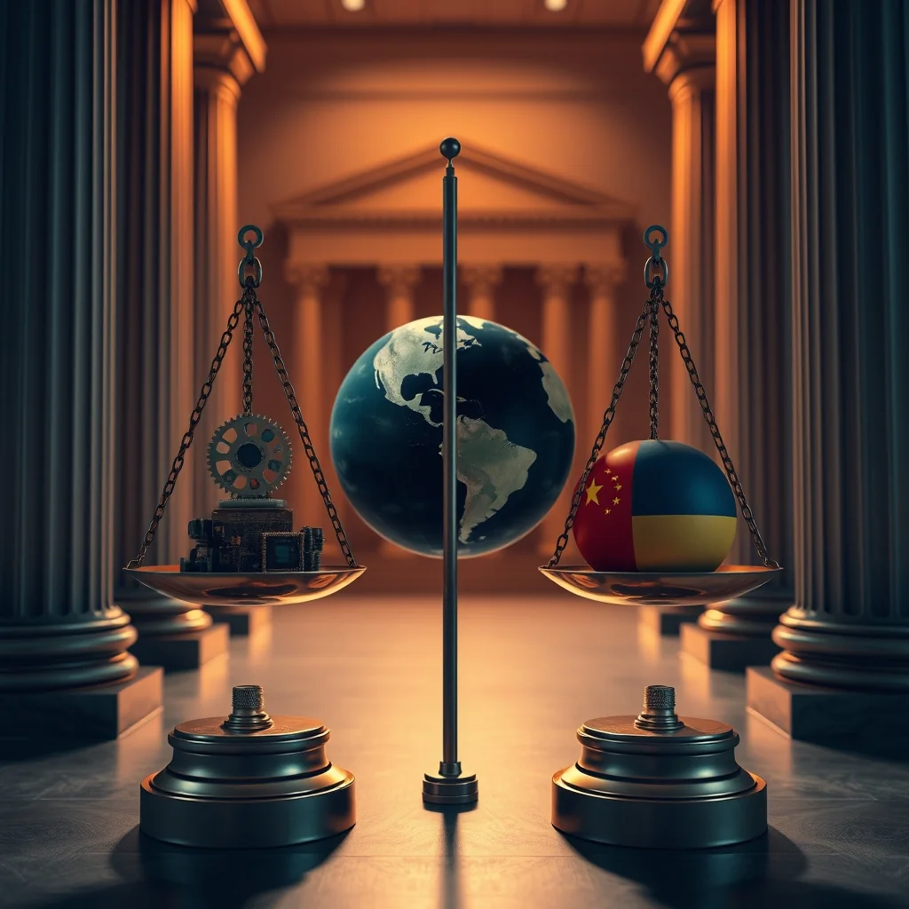 Editorial illustration: globe map with AI influence lines and export control layer.