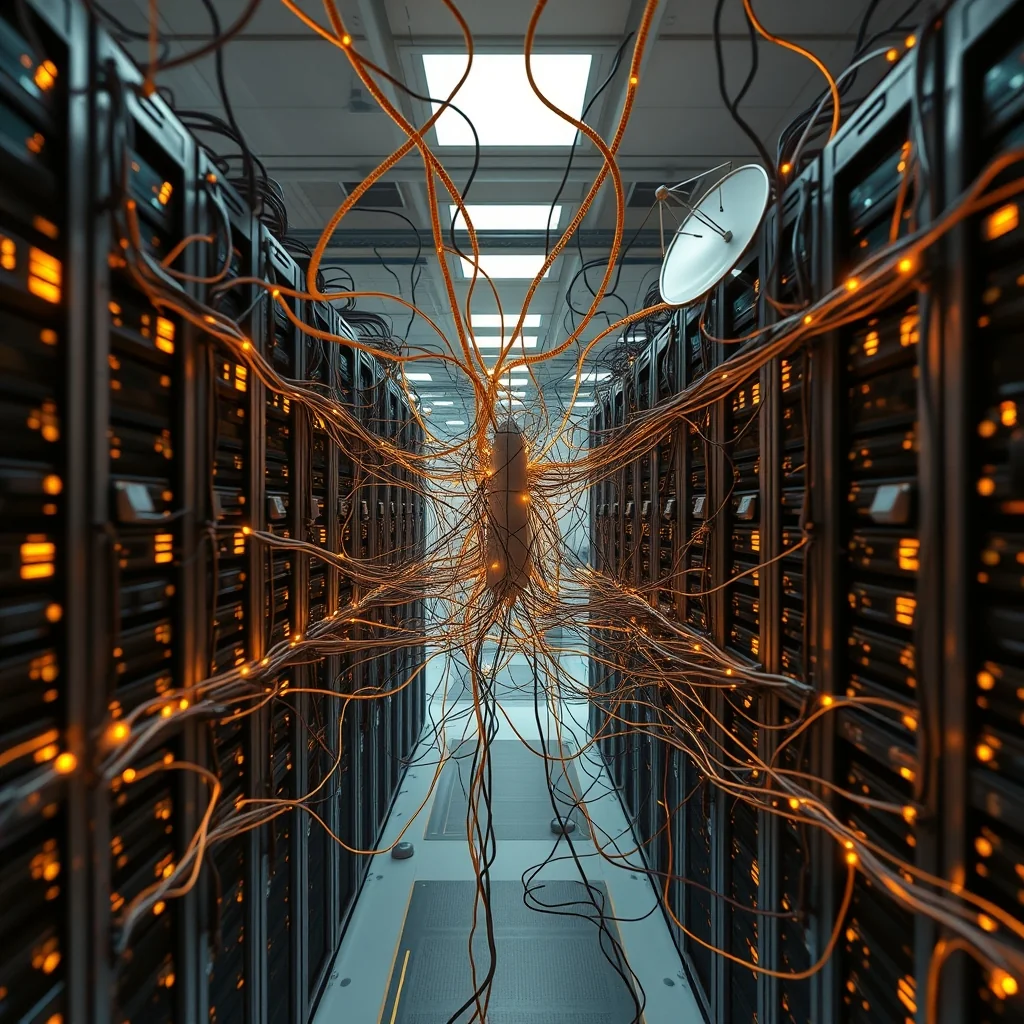 Editorial illustration: Claude Code logo über einem Raster von NVIDIA-GPU-Racks mit Kennzeichnung des SpaceX Colossus-Rechenzentrums