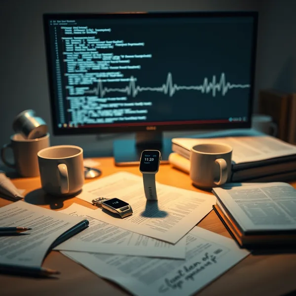 Editorial illustration: Nutzer im Gespräch mit dem SymptomAI-Agenten in der Fitbit-App, während ein Hintergrundpanel eine gerankte Diagnoseliste anzeigt