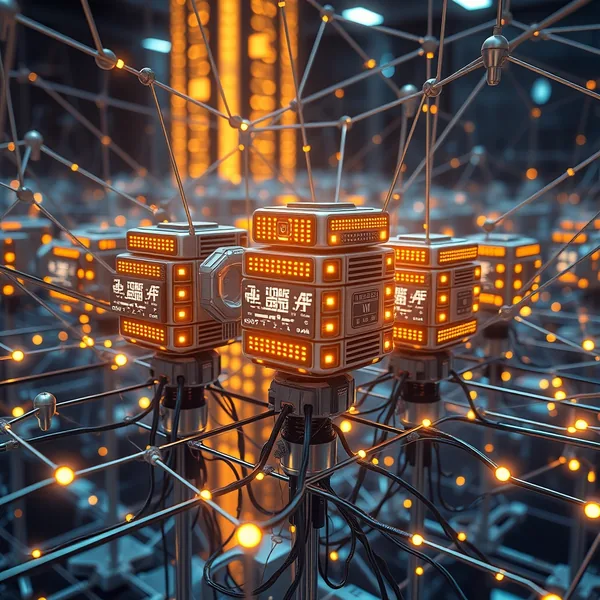 Editorial illustration: multiple AI agent nodes connected in collaborative network with hierarchical memory banks, glowing reasoning paths.