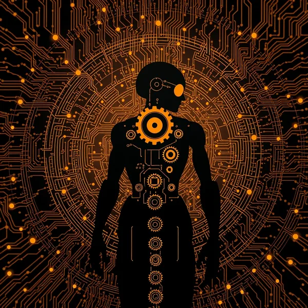 Editorial illustration: robotic arm converting text documents into verified code blocks on a secure policy shield