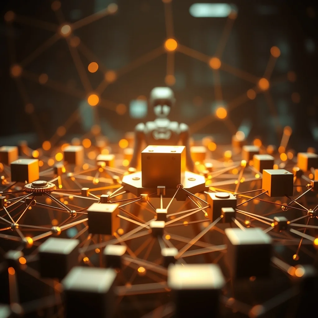 Editorial illustration: workflow nodes collapsing into a compact neural network core
