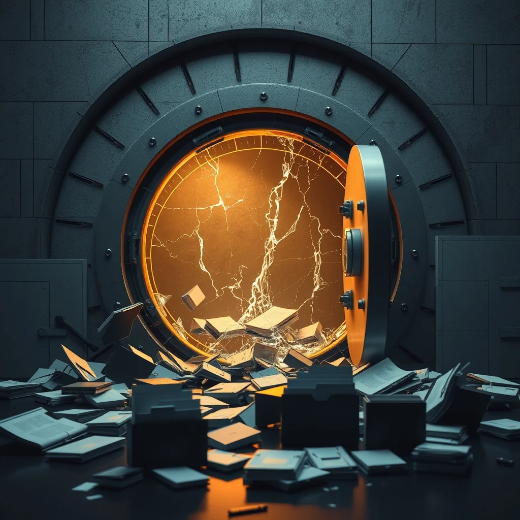 Editorial illustration: shield with cracks leaking data streams from email and calendar app icons on a dark background