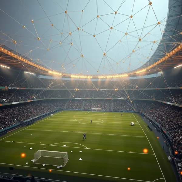 Editorial illustration: nogometni stadion s digitalnom analizom kvota