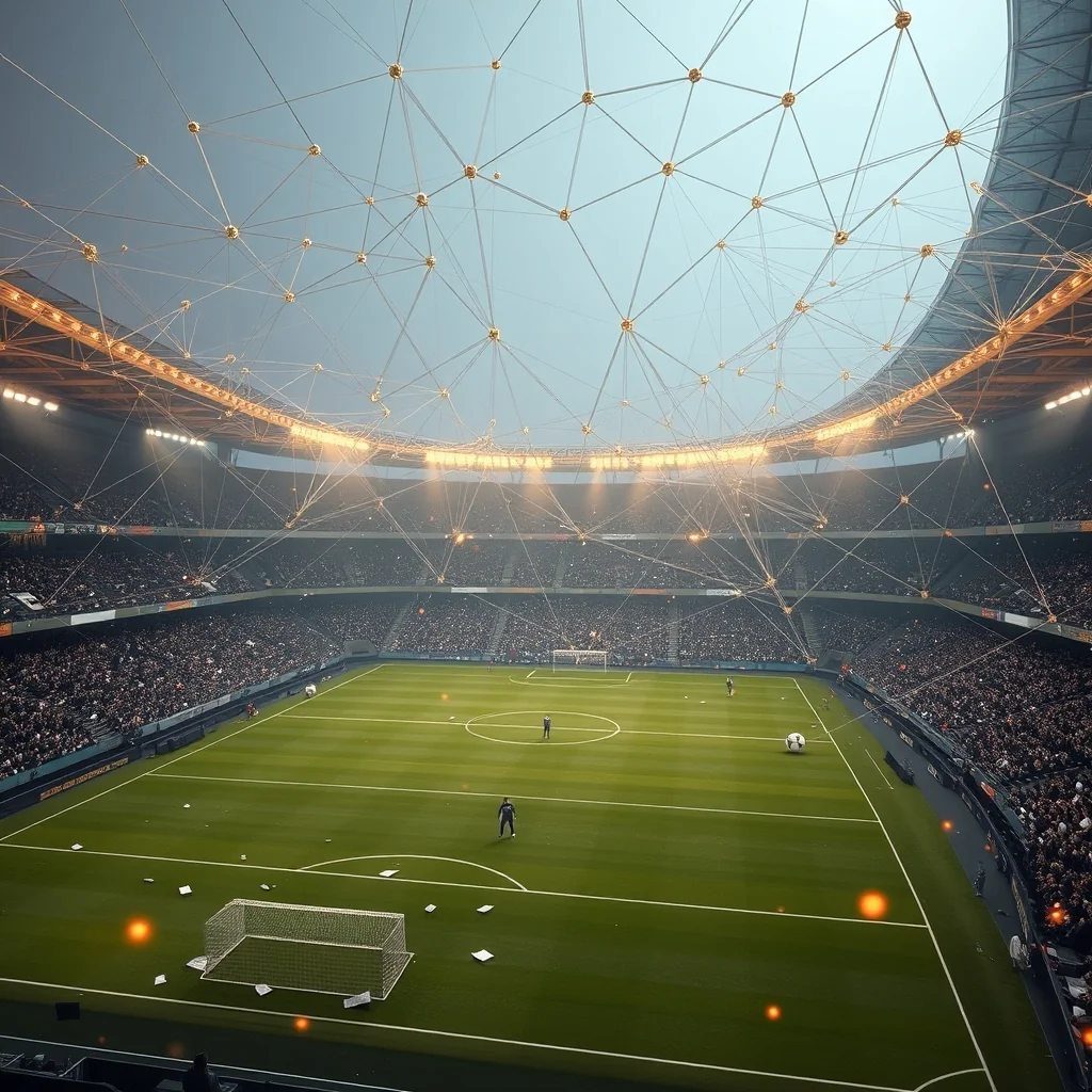 Editorial illustration: nogometni stadion s digitalnom analizom kvota
