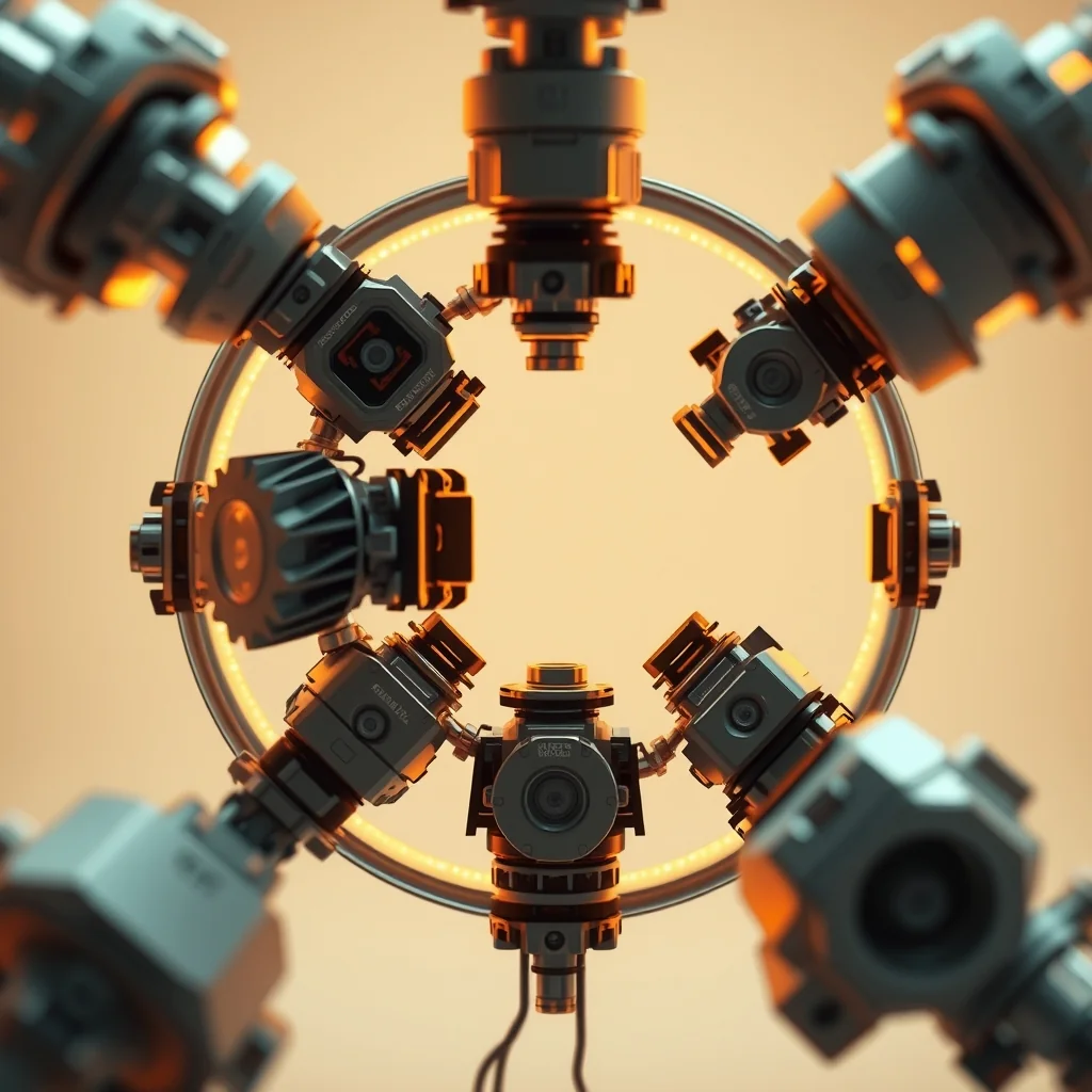 Editorial illustration: a multi-agent system with LIFE stages and inter-agent connections.