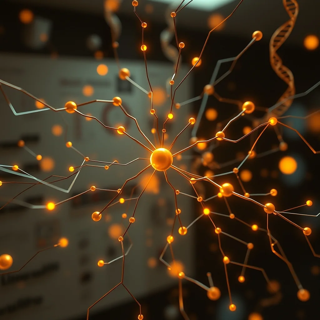 Editorial illustration: medical AI diagnostics, accuracy graphs, molecular structure and digital medical records