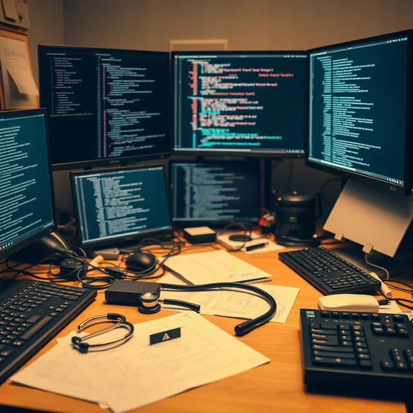Editorial illustration: Entwickler-Workspace mit Code-Bildschirmen, Stethoskop und medizinischen Diagrammen
