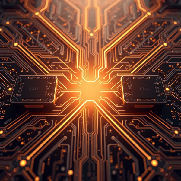 Editorial illustration: GPU cluster with connected agent workflows as atomic units, symbolizing scheduling