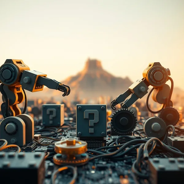 Editorial illustration: pixel-style krugovi i lampe u Minecraft estetici koji predstavljaju discovery i benchmark frontier AI modela