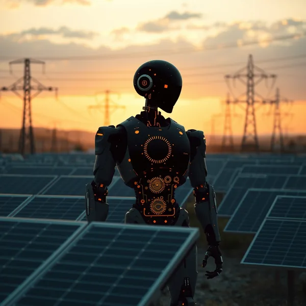 Editorial illustration: solar panels connected through a network in which AI agents trade energy