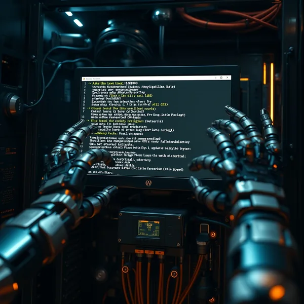 Editorial illustration: terminal prompt with git and bash commands and an AI agent executing them