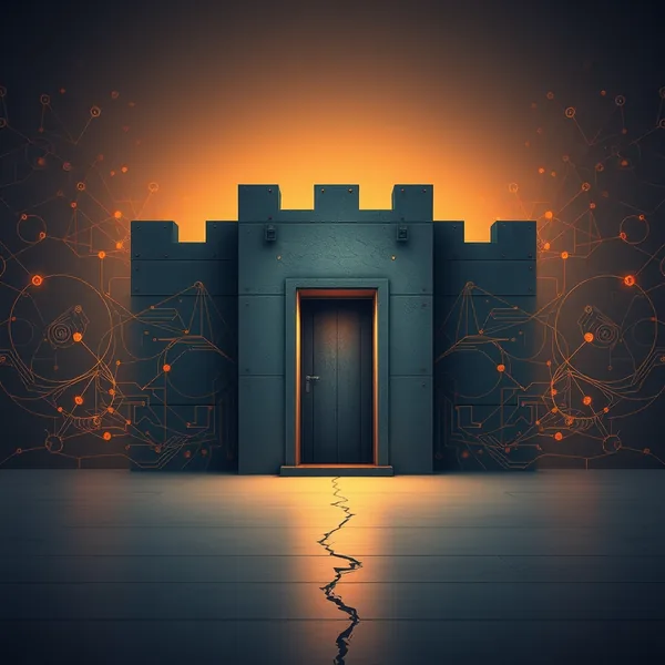 Editorial illustration: schematic of a backdoor attack embedded in a neural network, invisible to an inspector