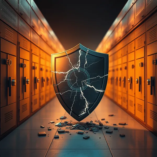 Editorial illustration: breached visual security shell with a stream of images flowing through the crack, symbolizing attacks on VLM filters