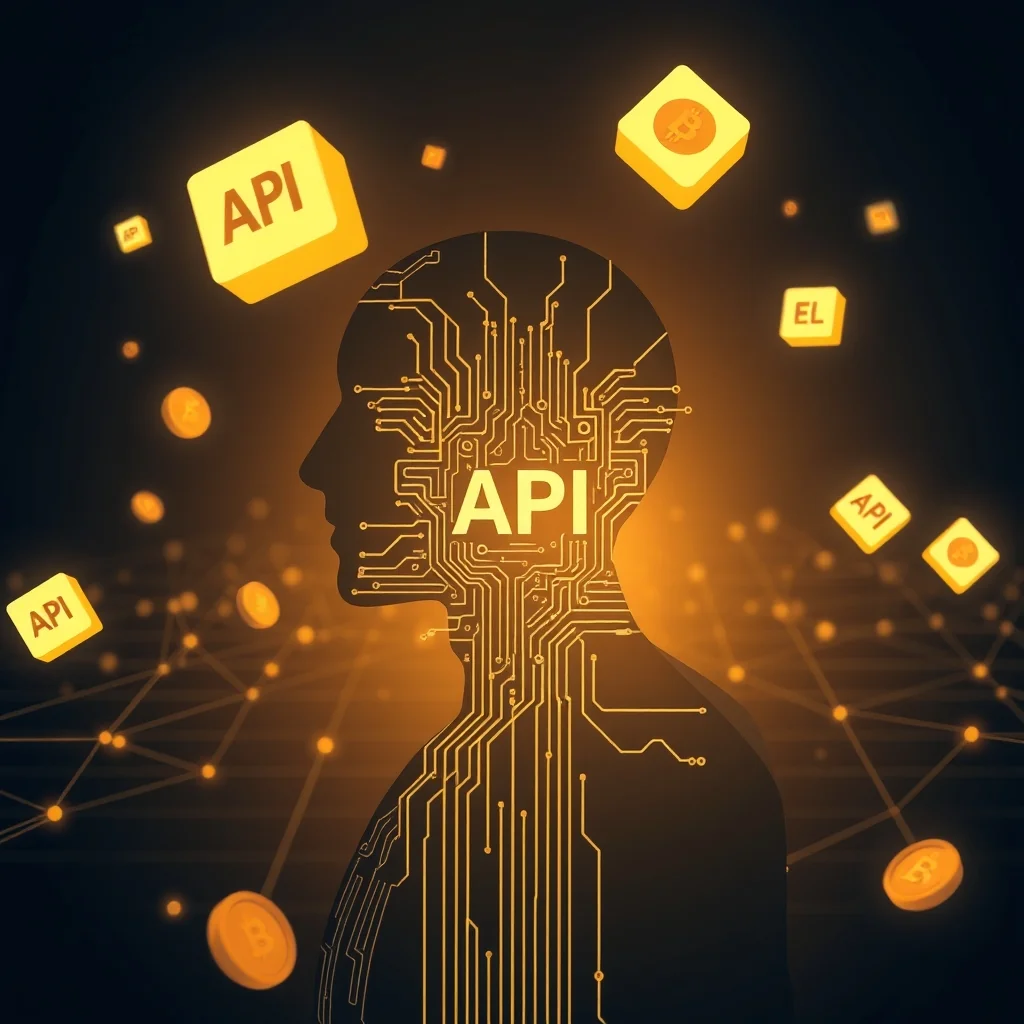 Editorial illustration: robotic arm inserting digital payment token into cloud server rack with AWS and blockchain symbols