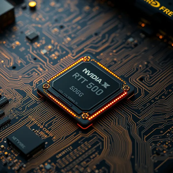 Editorial illustration of a data center with NVIDIA Blackwell GPUs and GDDR7 memory modules