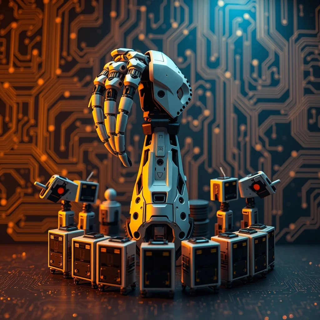 Editorial illustration: futuristička robotska ruka okružena s 9 modula i mrežom čipova
