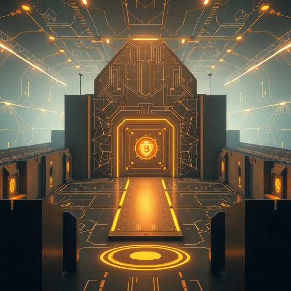 Editorial illustration: structured type contracts and protective layers between an AI system and enterprise software