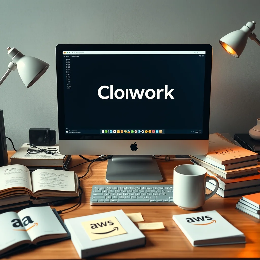 Editorial illustration: Claude Cowork application on desktop in an AWS Bedrock environment for enterprise teams