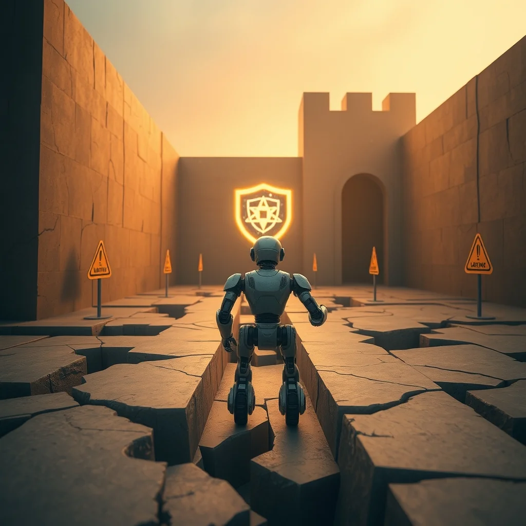 Editorial illustration: Robot planning a path through a maze with a fragile digital safety shield