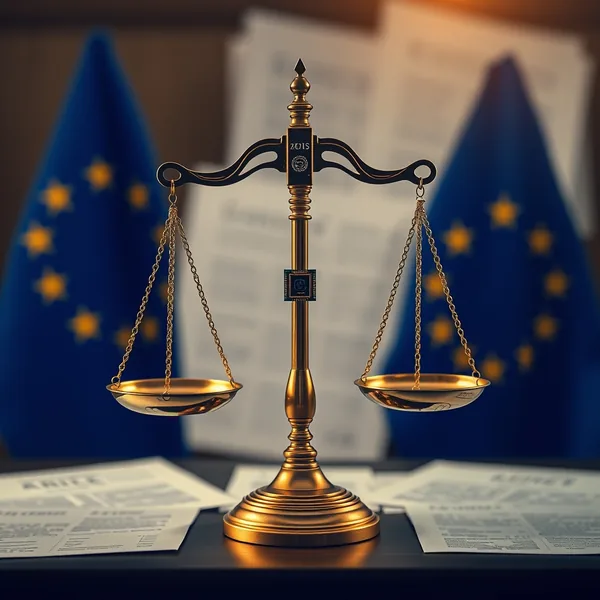 Artificial intelligence icon with a transparency label and the EU flag in the background