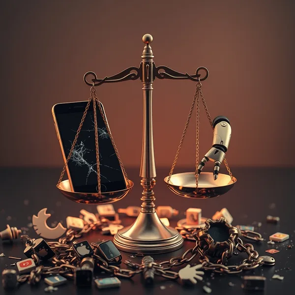 Editorial illustration: Scales of justice with a broken screen and robotic arm, EU fight against AI disinformation