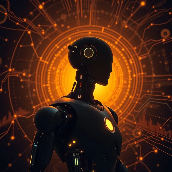 Editorial illustration: Robot silhouette with modular servers and data flows for the Deep Research agent