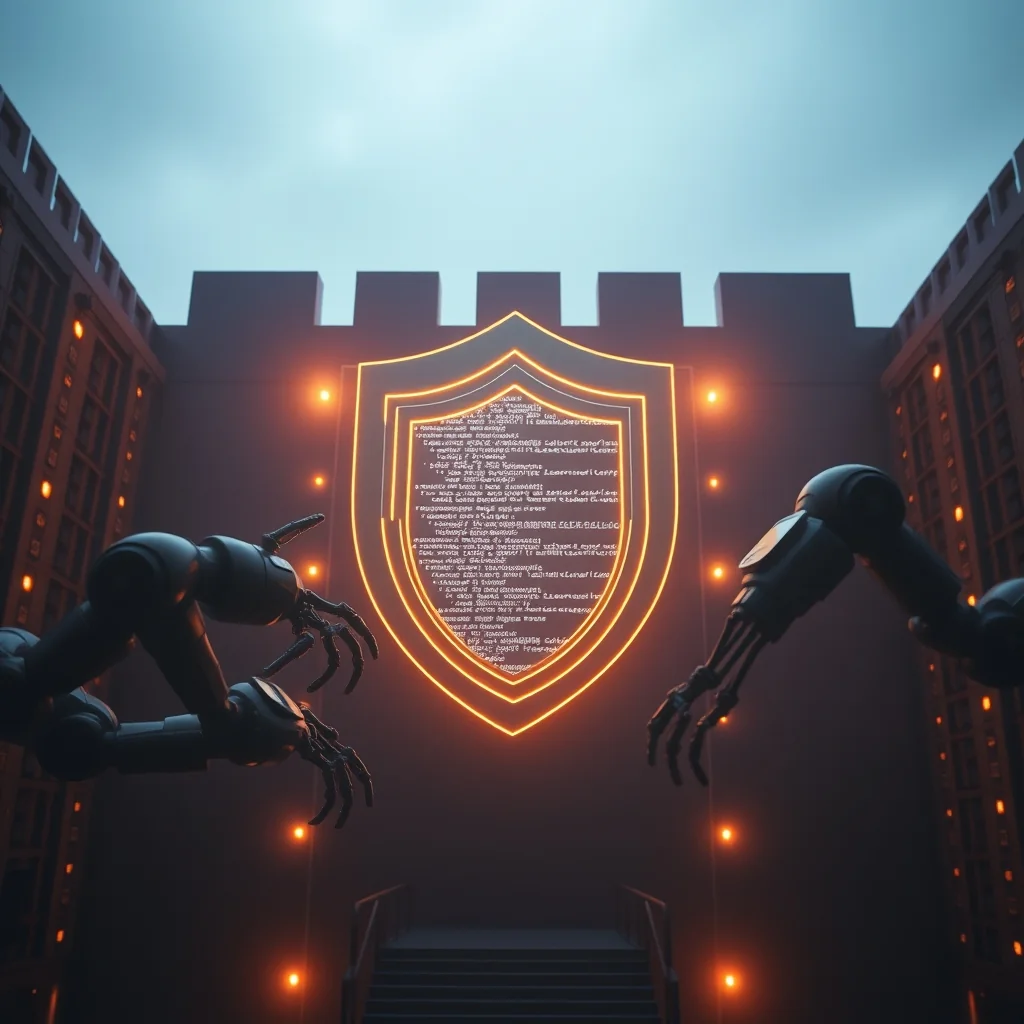 Editorial illustration: GitHub pull request interface with highlighted AI security warnings and a Copilot chat window with the /security-review command
