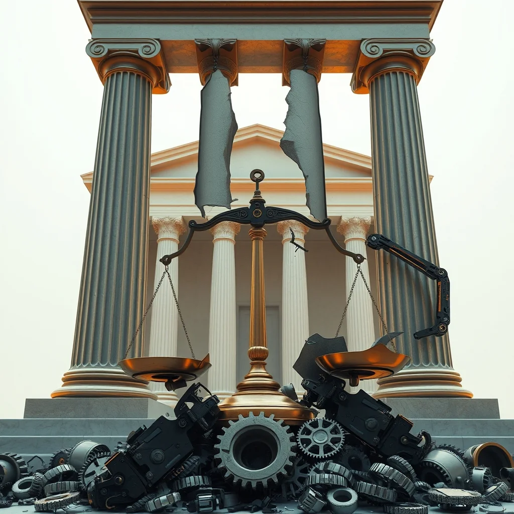 Editorial illustration: California state capitol building with open-source code symbols and legal scales in digital style