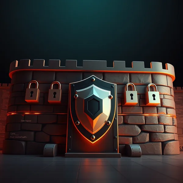 Editorial illustration: Digital fortress with locks for 8 programming languages protecting code from vulnerabilities