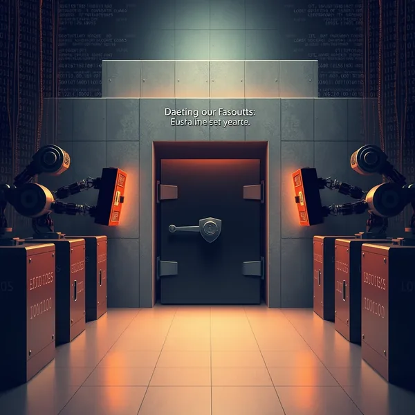 Editorial illustration: a code scanner catching a malicious message embedded in an AI prompt