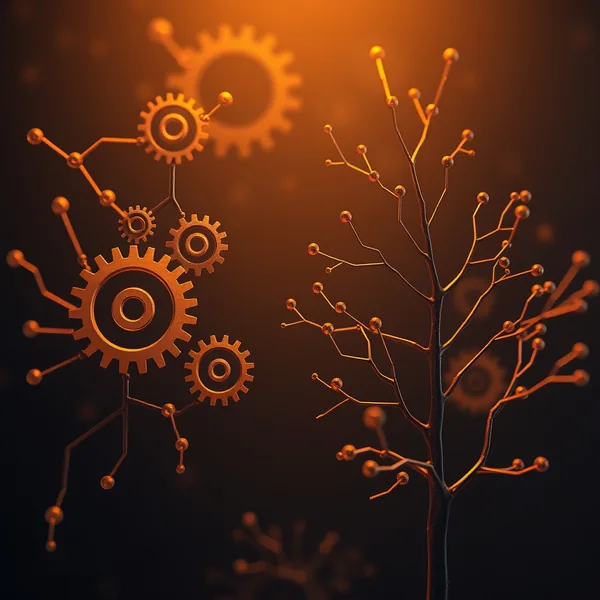 Editorial illustration: laptop screen showing branching git tree diagram with multiple parallel workflow lanes, dark background