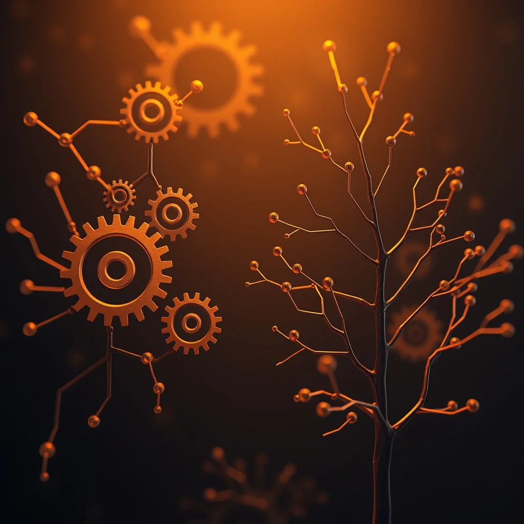 Editorial illustration: laptop screen showing branching git tree diagram with multiple parallel workflow lanes, dark background