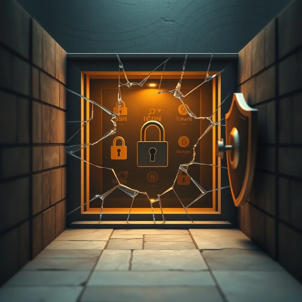Editorial illustration: shield icon with broken key and audit log entries on dark background