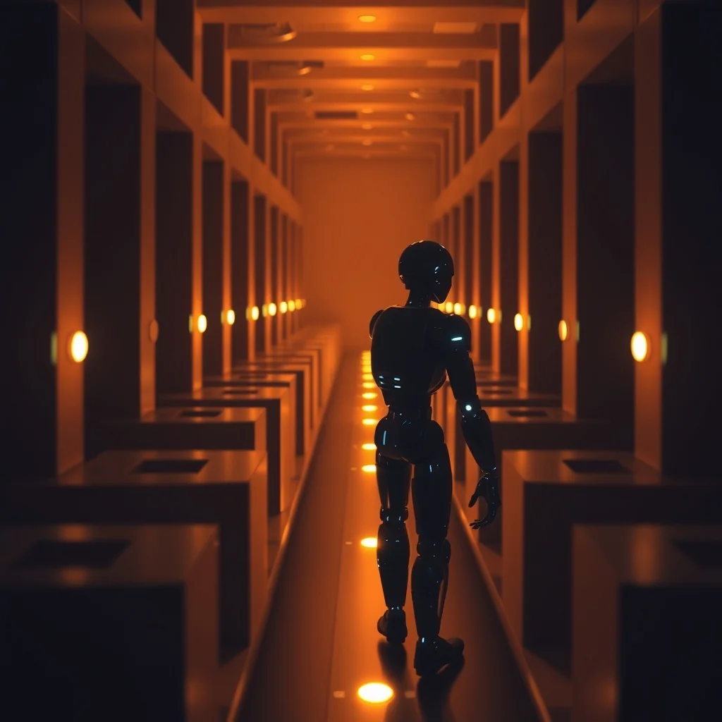 Editorial illustration: Robot in a maze with illuminated nodes representing learned experience
