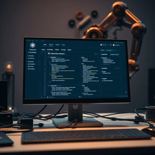 Editorial illustration: Kubernetes dashboard with alerts and robotic arm for automatic diagnosis