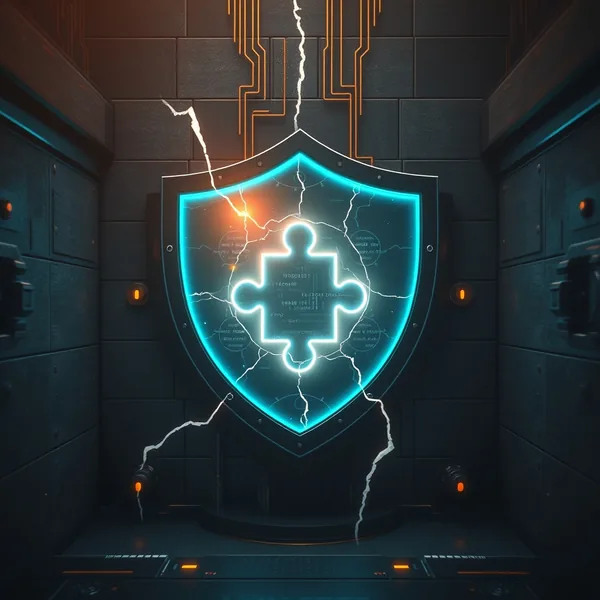 Editorial illustration: Broken digital shield reinforced with open-source blocks as the foundation of AI security